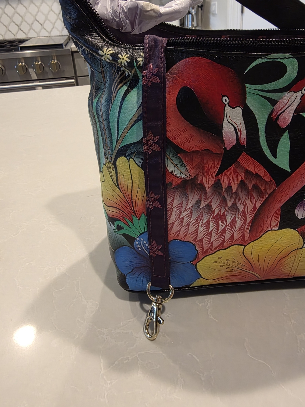 Anuschka Hand Painted Leather Satchel Shoulder Bag Flamingo - Picture 7 of 8
